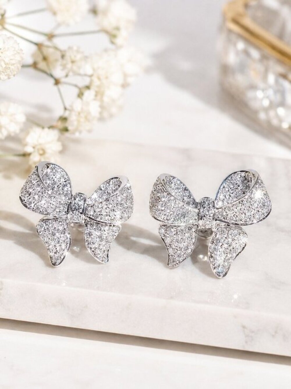 0.5 Ct Simulated Diamond Bow Stud Earrings 14K White Gold Plated NWT